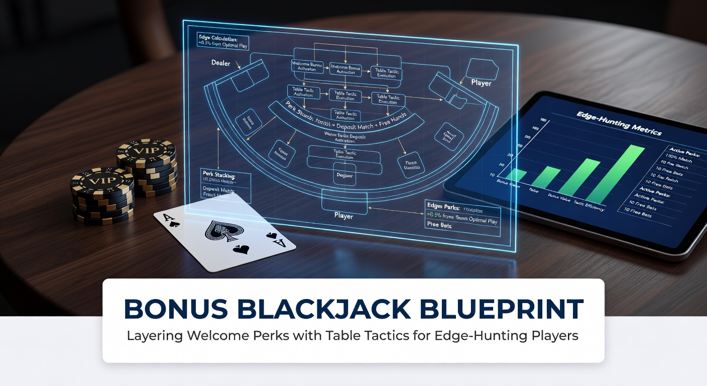Blackjack-Tisch mit Bonus-Symbolen und Strategie-Karten, die den Einstieg in edge-orientiertes Spielen illustrieren