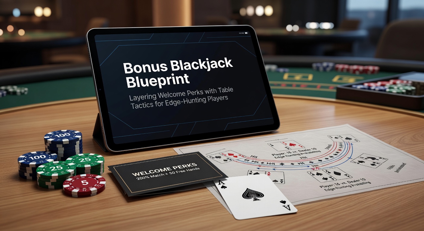 Detaillierte Grafik einer Bonus-Blackjack-Strategie mit überlagerten Boni-Schichten und Tisch-Layouts für Edge-Optimierung