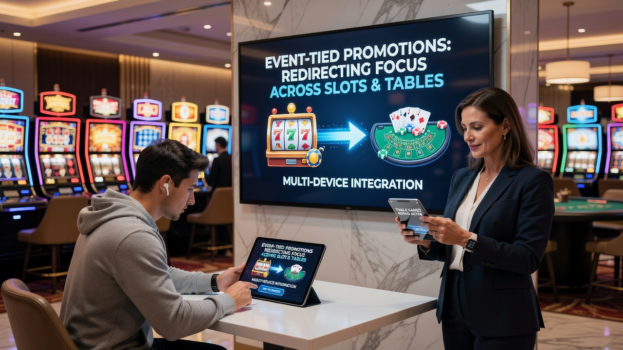 Grafik zur Umleitung von Spieleraufmerksamkeit durch eventbasierte Promotionen zwischen Slots und Live-Tischen auf verschiedenen Geräten