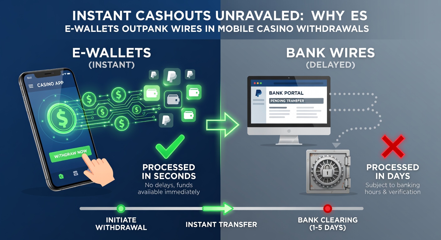 Vergleichsgrafik von E-Wallet und Banküberweisung mit Zeitachse und Gebührenspalten für Casino-Auszahlungen