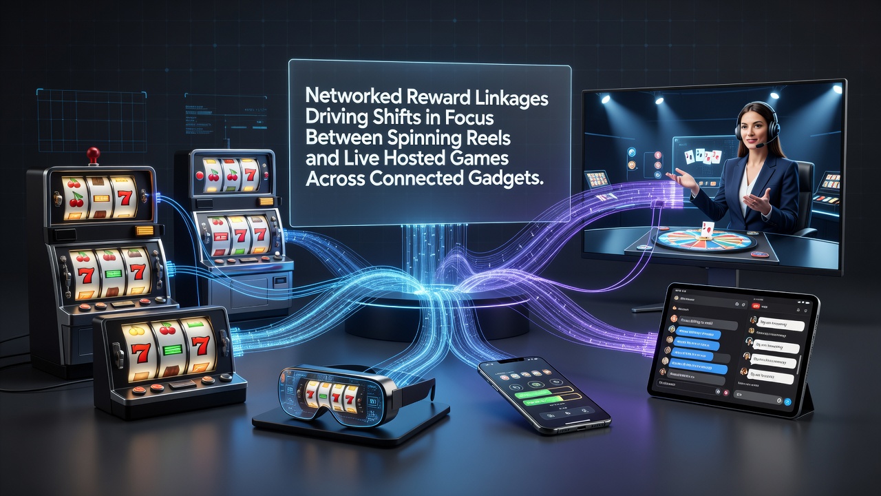 Vernetztes Belohnungssystem in mobilen Casino-Apps zeigt Verknüpfungen zwischen Slots und Live-Spielen auf verschiedenen Geräten